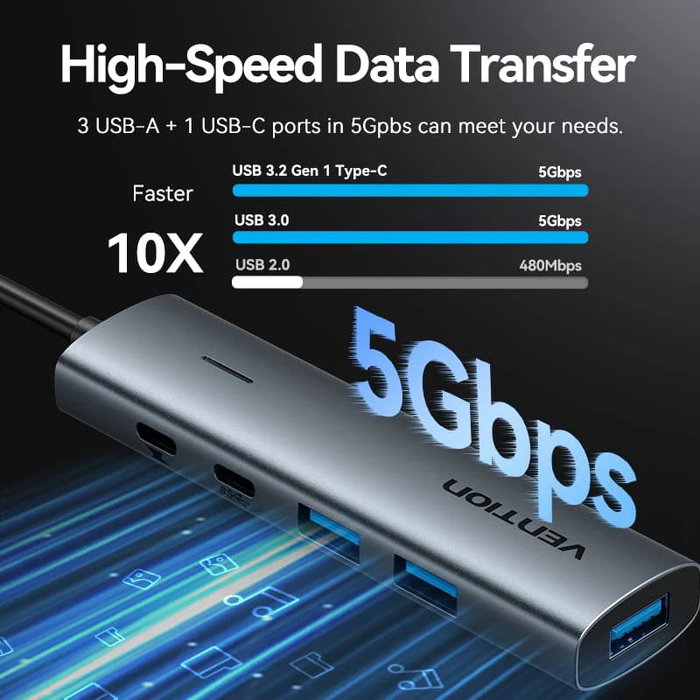 Vention Hub USB 3.0 1x USB-C 3x USB-A 1x USB-C Power Delivery TGXHB - Gris
